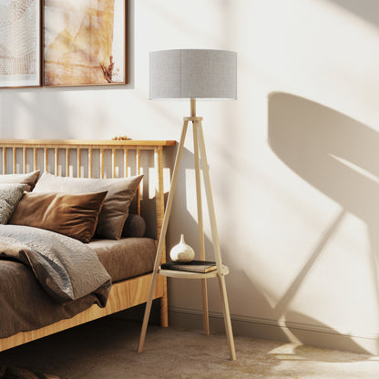 Tripod Floor Lamp with Shelf Living Room Floor Lamp with Linen Screen Foot Switch for Living Room Office Bedroom Gray and Natural