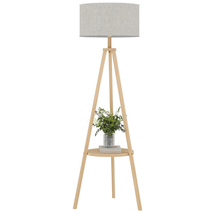 Tripod Floor Lamp with Shelf Living Room Floor Lamp with Linen Screen Foot Switch for Living Room Office Bedroom Gray and Natural