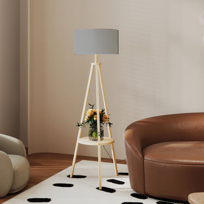 Tripod Floor Lamp with Shelf Living Room Floor Lamp with Linen Screen Foot Switch for Living Room Office Bedroom Gray and Natural