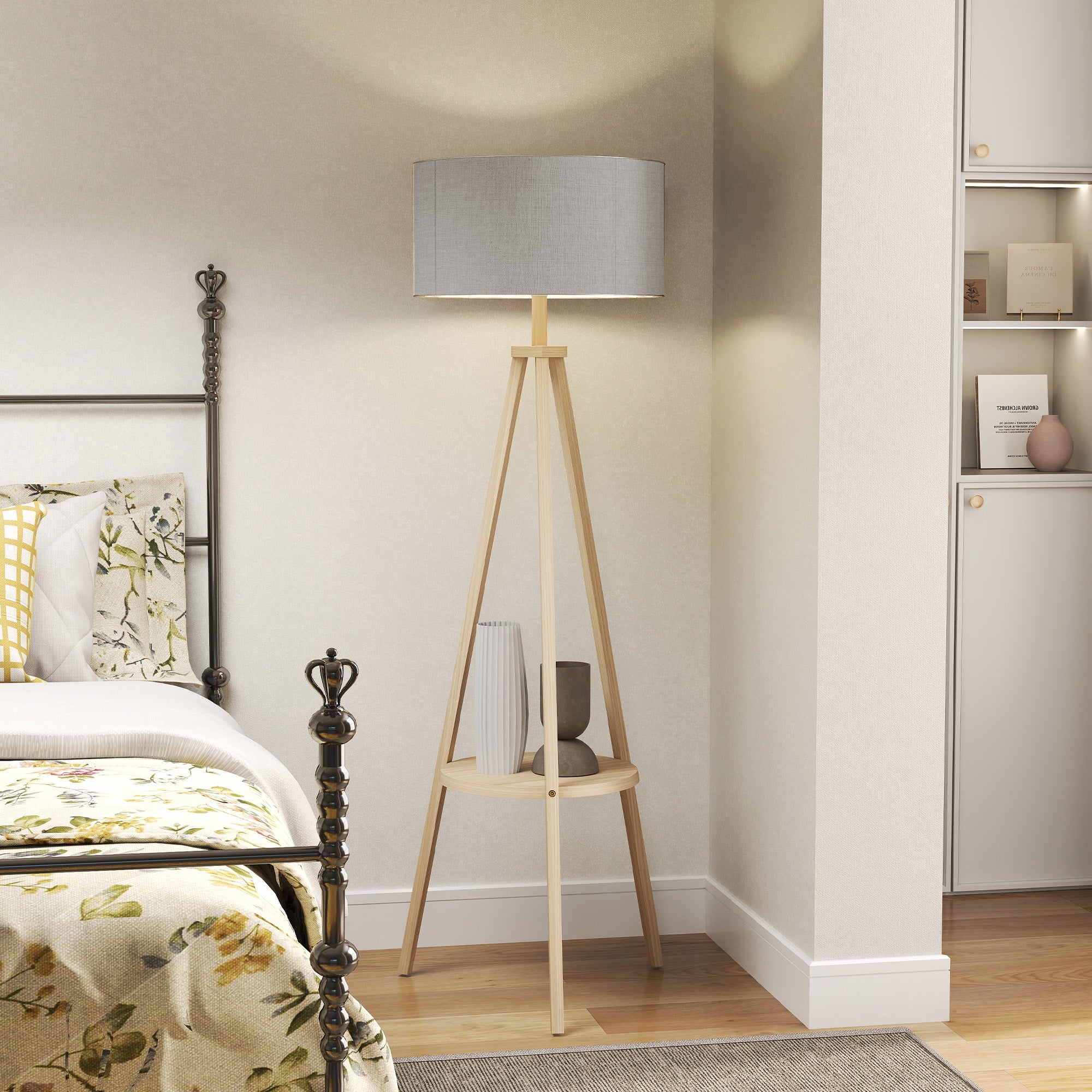 Tripod Floor Lamp with Shelf Living Room Floor Lamp with Linen Screen Foot Switch for Living Room Office Bedroom Gray and Natural