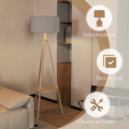 Tripod Floor Lamp with Shelf Living Room Floor Lamp with Linen Screen Foot Switch for Living Room Office Bedroom Gray and Natural