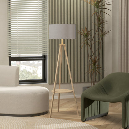 Tripod Floor Lamp with Shelf Living Room Floor Lamp with Linen Screen Foot Switch for Living Room Office Bedroom Gray and Natural