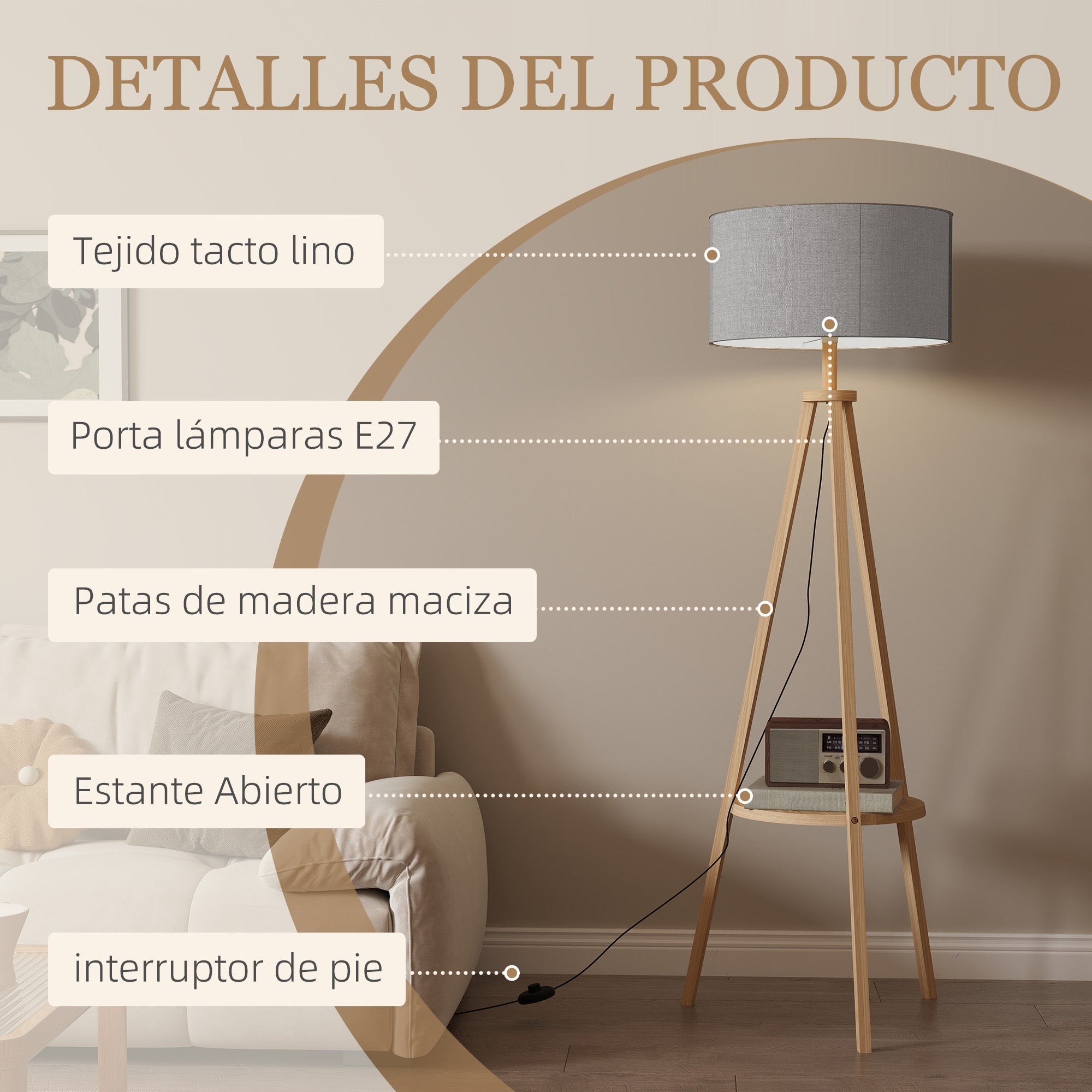 Tripod Floor Lamp with Shelf Living Room Floor Lamp with Linen Screen Foot Switch for Living Room Office Bedroom Gray and Natural