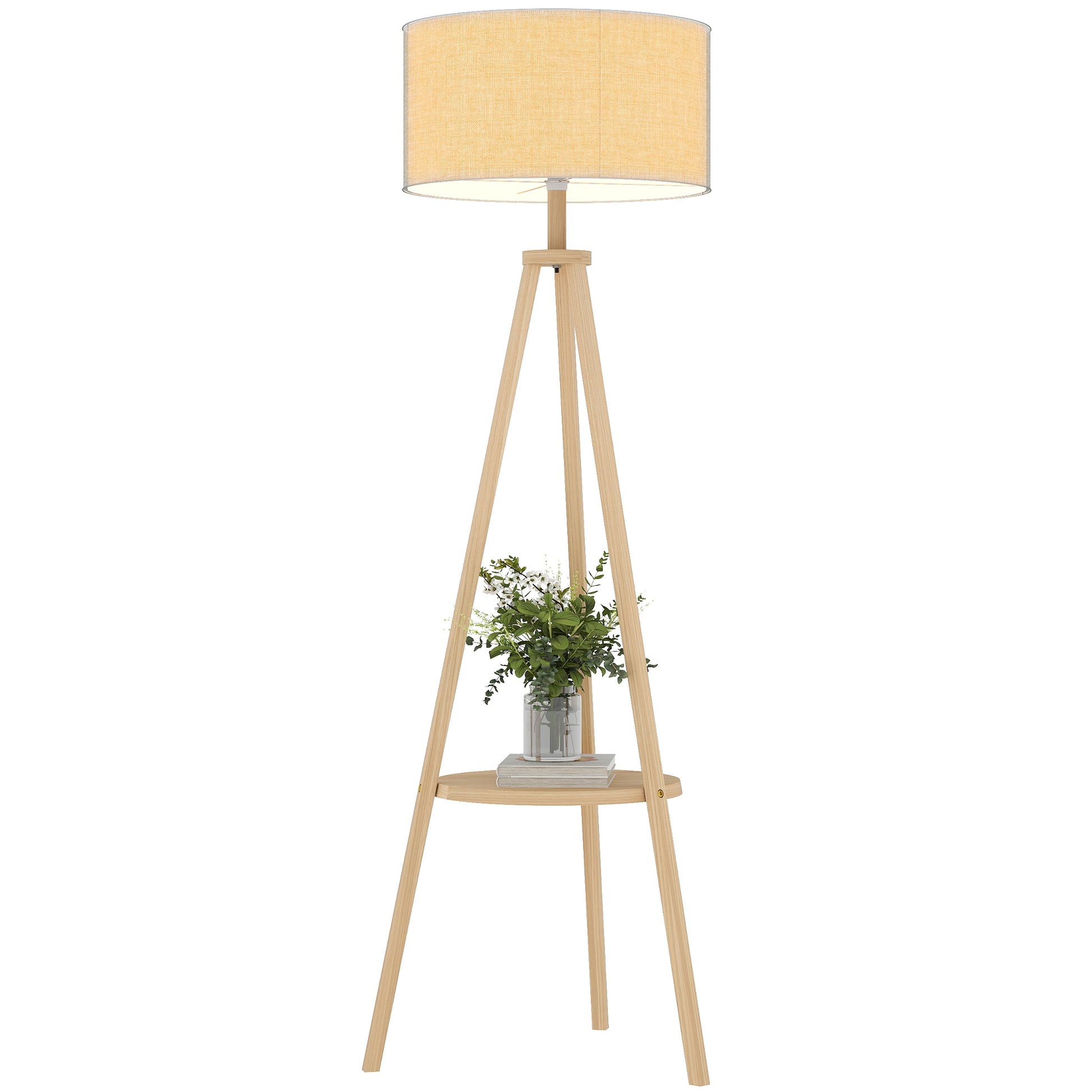 Tripod Floor Lamp with Shelf Living Room Floor Lamp with Linen Screen Foot Switch for Living Room Office Bedroom Gray and Natural