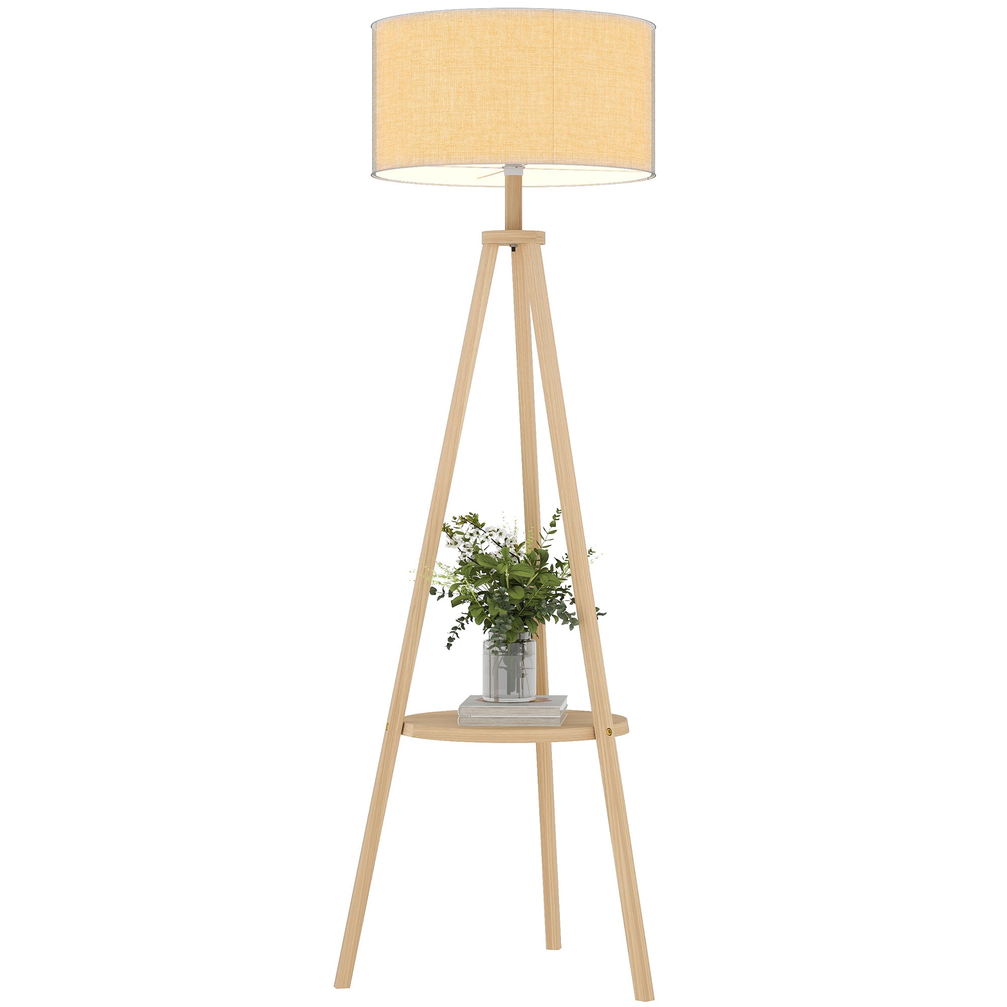 Tripod Floor Lamp with Shelf Living Room Floor Lamp with Linen Screen Foot Switch for Living Room Office Bedroom Gray and Natural