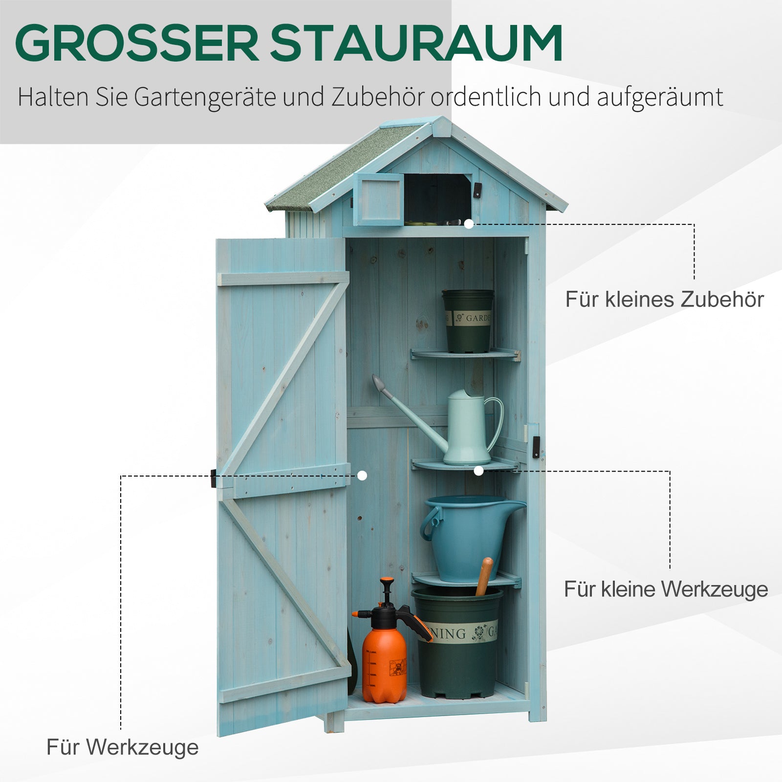 Wooden Garden Shed, Weatherproof Tool Shed 77x54.2x179cm, Shed with Door, Gable Roof, Cabinet with Shelves, Tool Cabinet Garden Shed for Garden, Patio, Light blue + Green