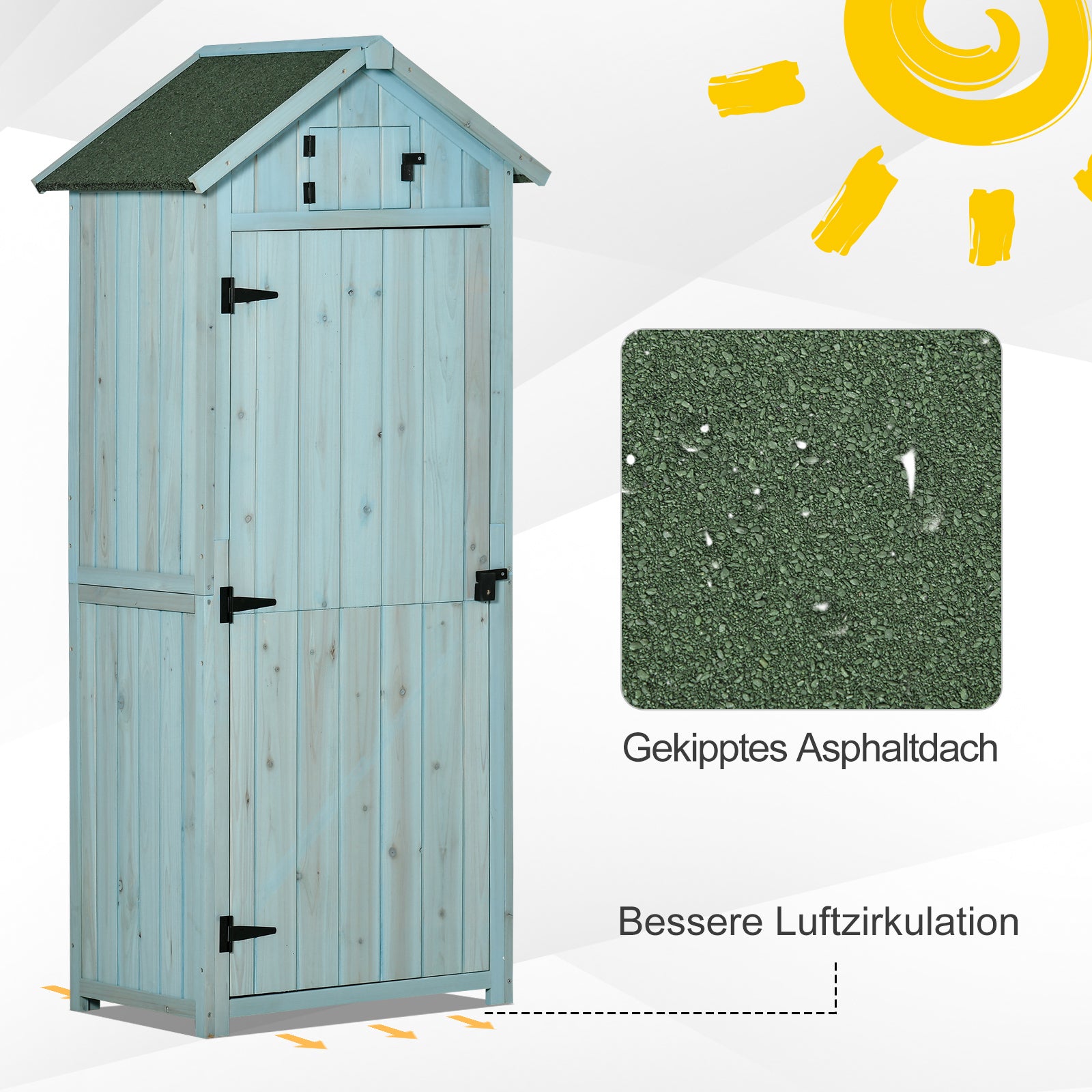 Wooden Garden Shed, Weatherproof Tool Shed 77x54.2x179cm, Shed with Door, Gable Roof, Cabinet with Shelves, Tool Cabinet Garden Shed for Garden, Patio, Light blue + Green