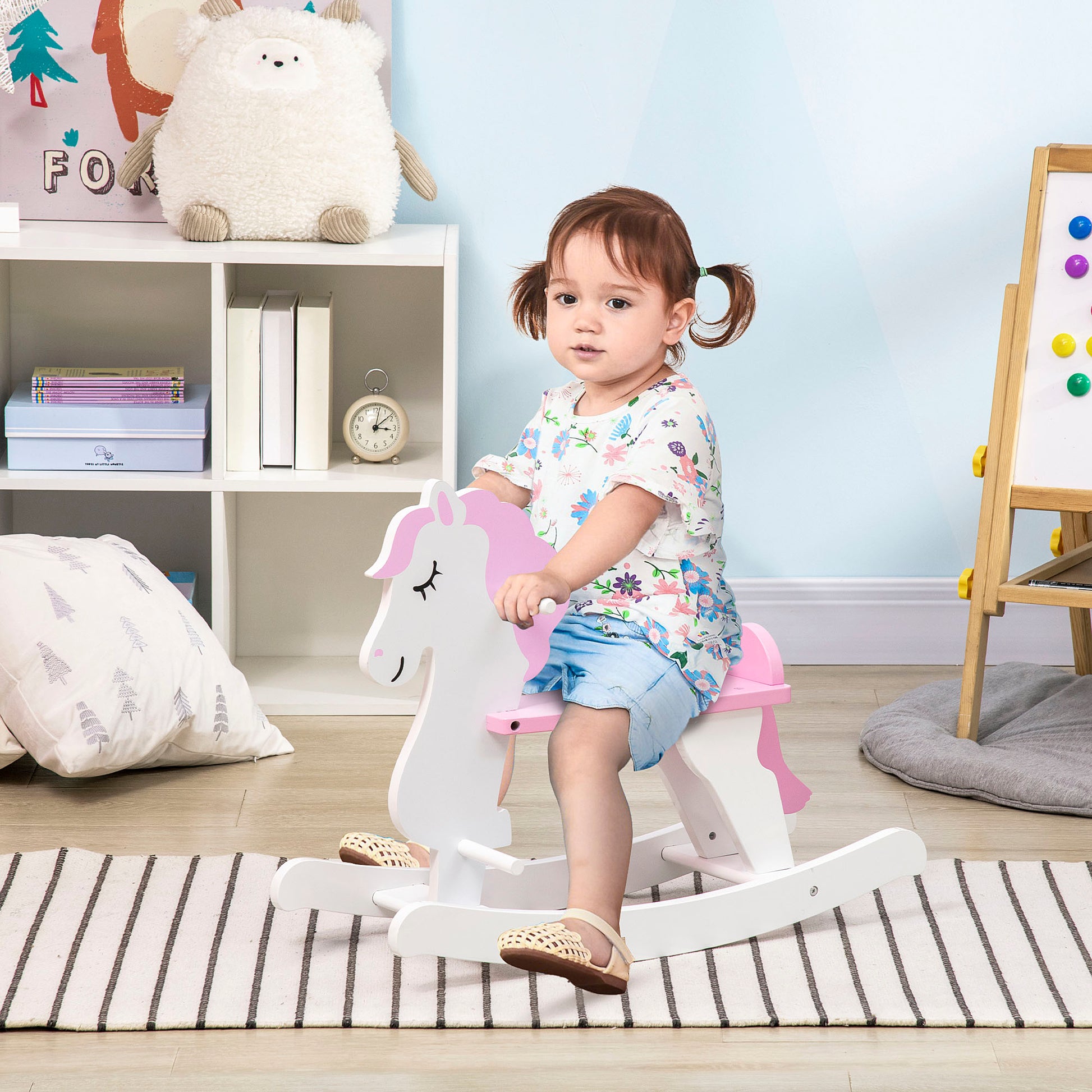 Rocking Horse for Children 1-3 Years Wooden Rocking Horse with Handlebar and Pedals Load 50 kg 68x27x46.5 cm White and Pink