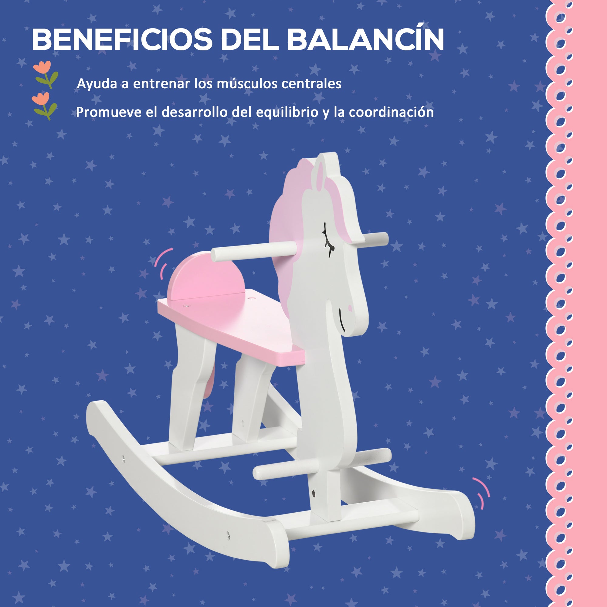 Rocking Horse for Children 1-3 Years Wooden Rocking Horse with Handlebar and Pedals Load 50 kg 68x27x46.5 cm White and Pink