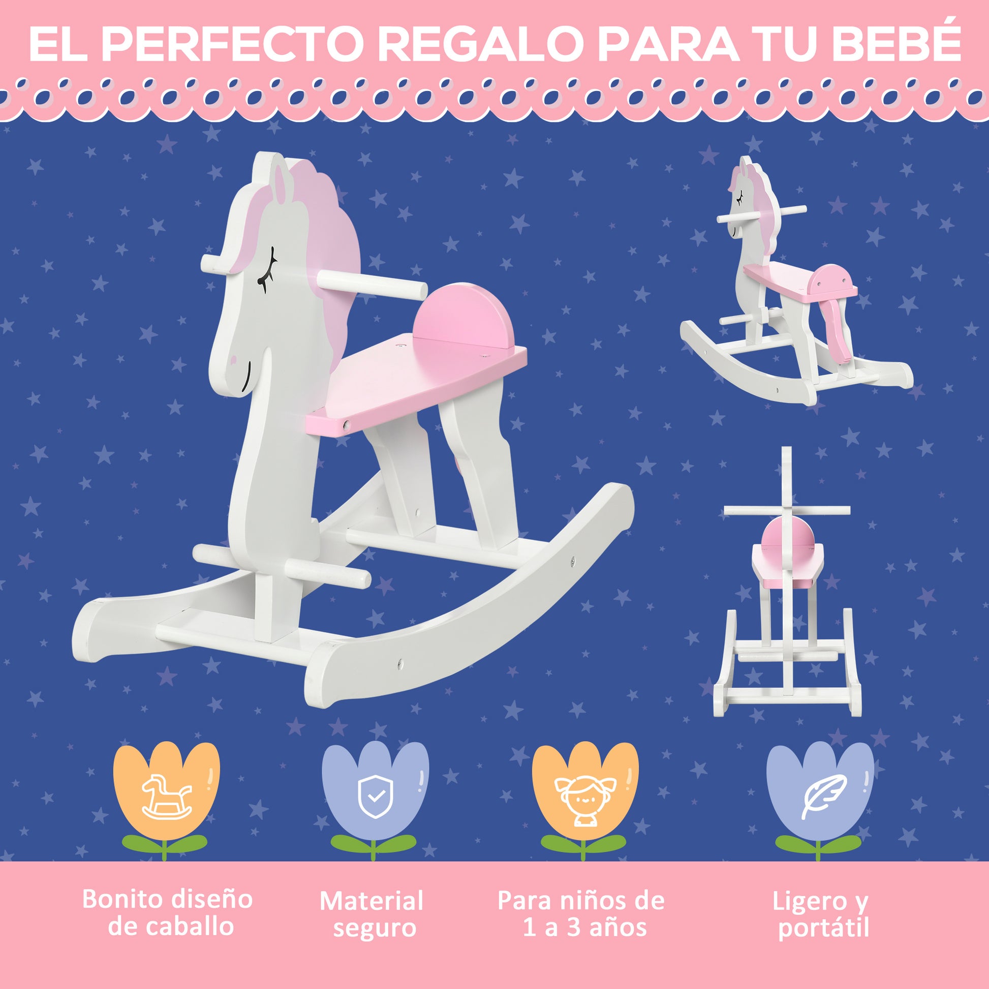 Rocking Horse for Children 1-3 Years Wooden Rocking Horse with Handlebar and Pedals Load 50 kg 68x27x46.5 cm White and Pink