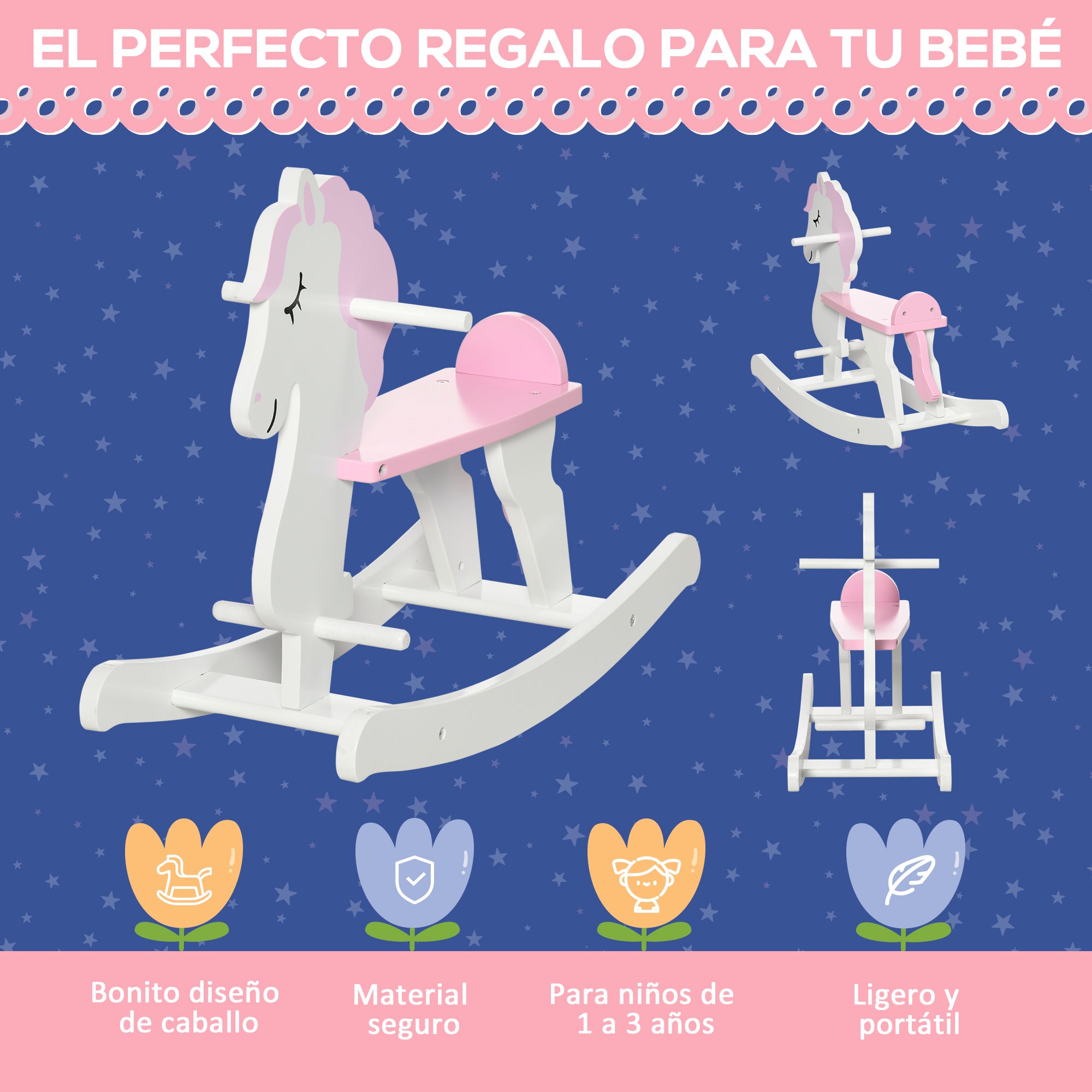 Rocking Horse for Children 1-3 Years Wooden Rocking Horse with Handlebar and Pedals Load 50 kg 68x27x46.5 cm White and Pink