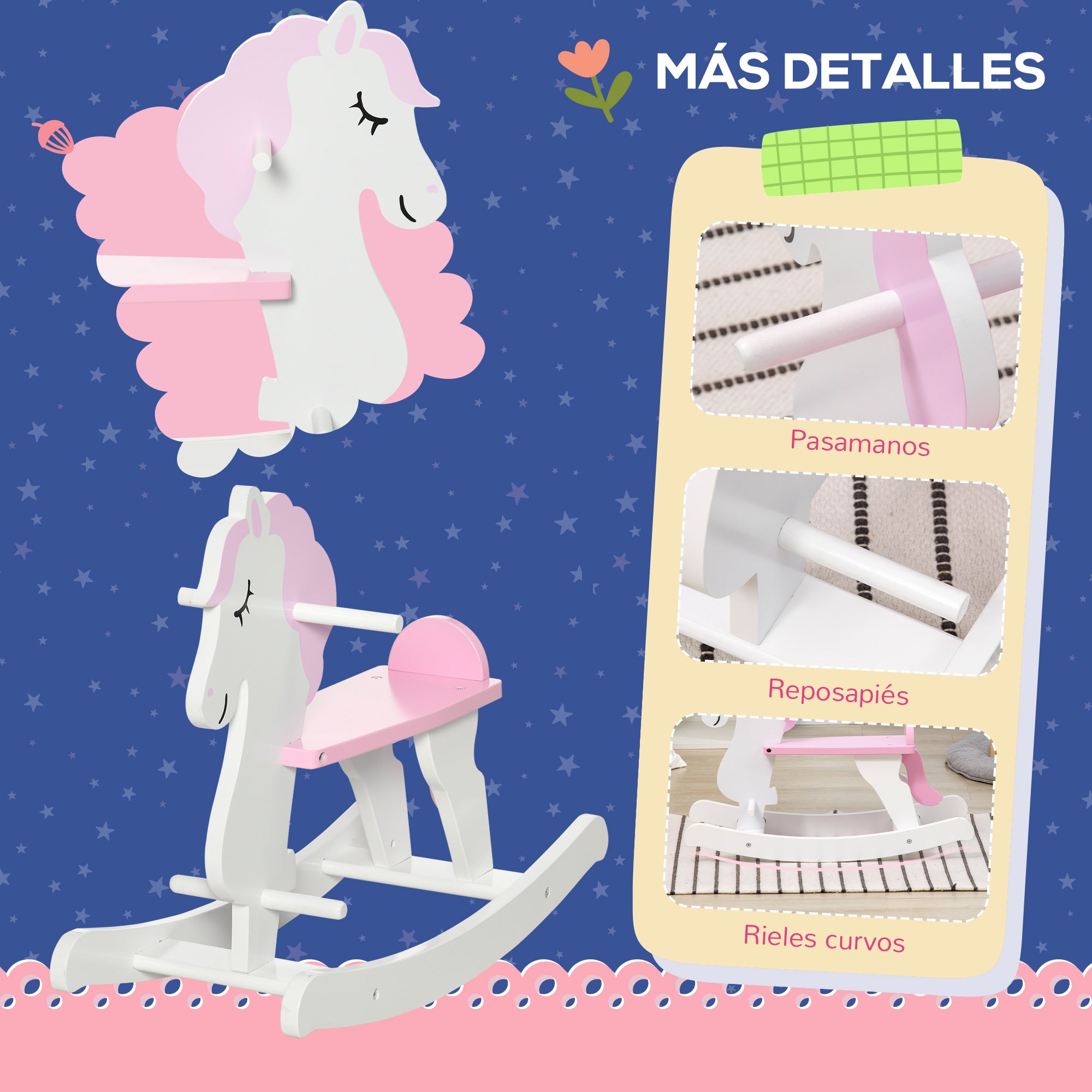Rocking Horse for Children 1-3 Years Wooden Rocking Horse with Handlebar and Pedals Load 50 kg 68x27x46.5 cm White and Pink