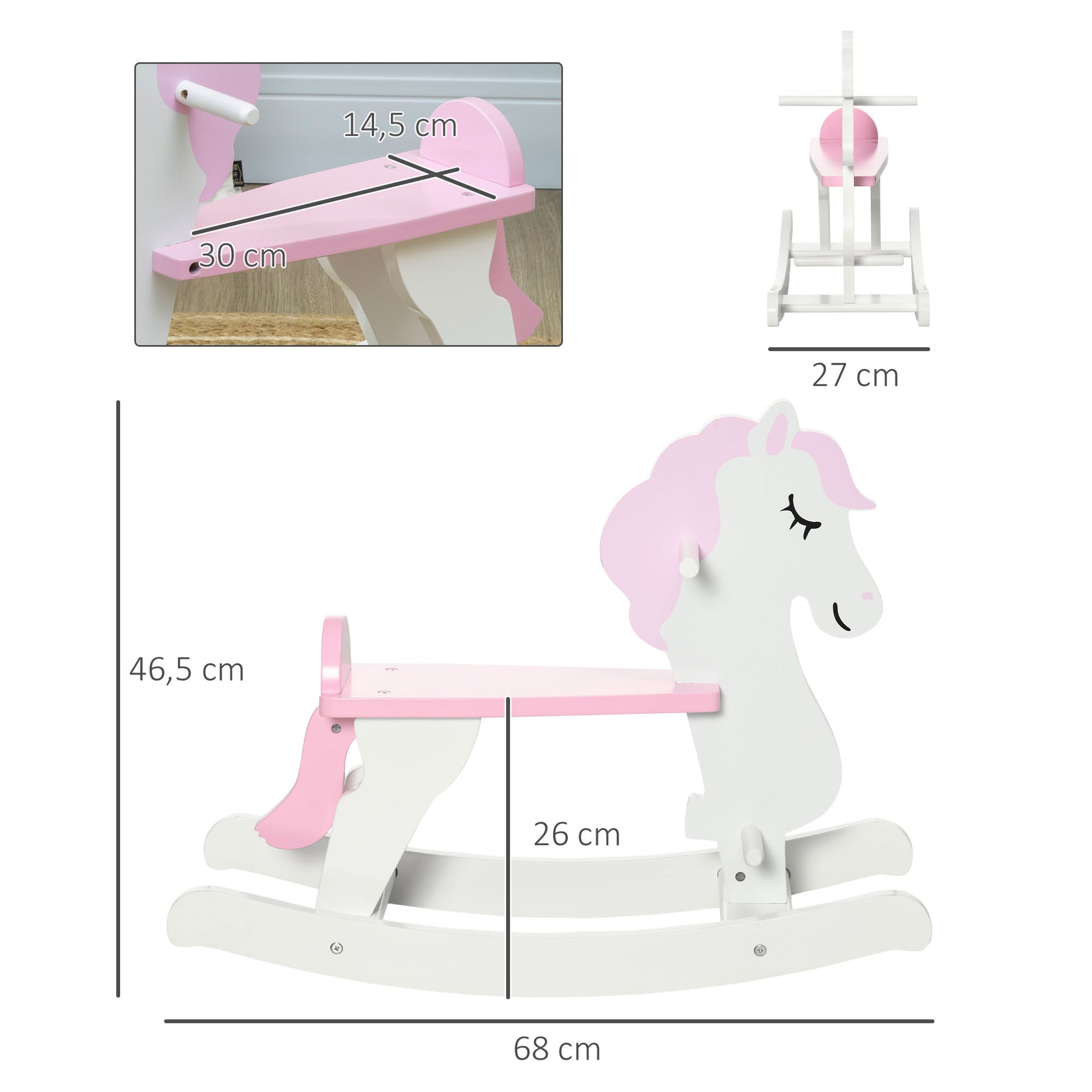 Rocking Horse for Children 1-3 Years Wooden Rocking Horse with Handlebar and Pedals Load 50 kg 68x27x46.5 cm White and Pink