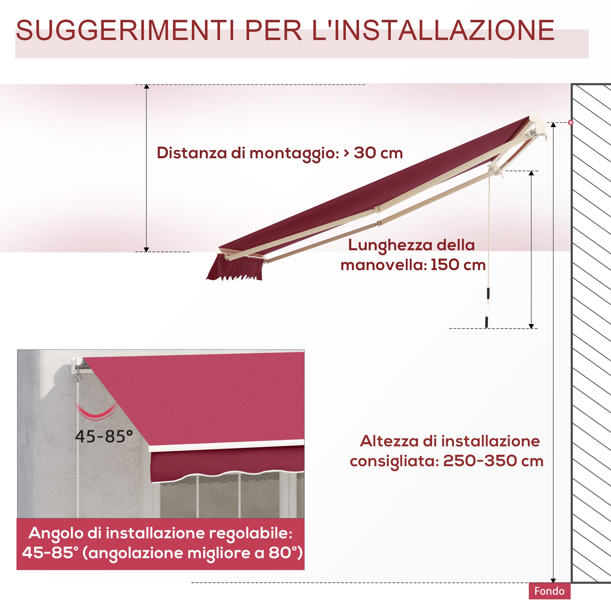 Manual Drop Arm Awning for Doors and Windows, Aluminum and Anti-UV Polyester, 3x2.5m, Dark Red