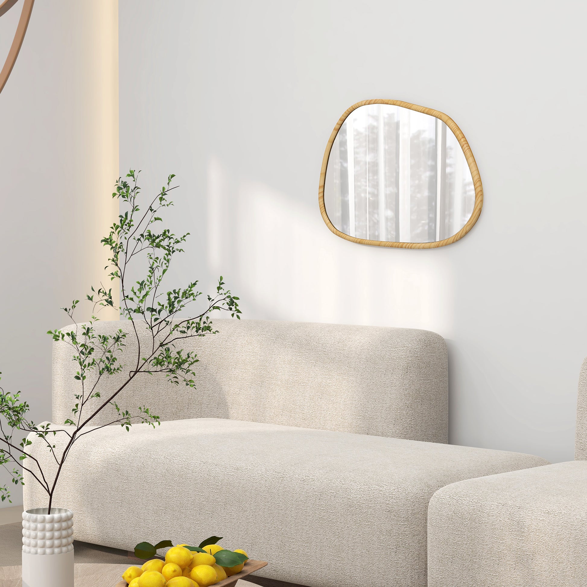Asymmetric Wall Mirror, 70 x 50 cm Bathroom Mirror with Wooden Frame, Decorative Mirror for Bathroom, Living Room, Hallway, Bedroom, Natural