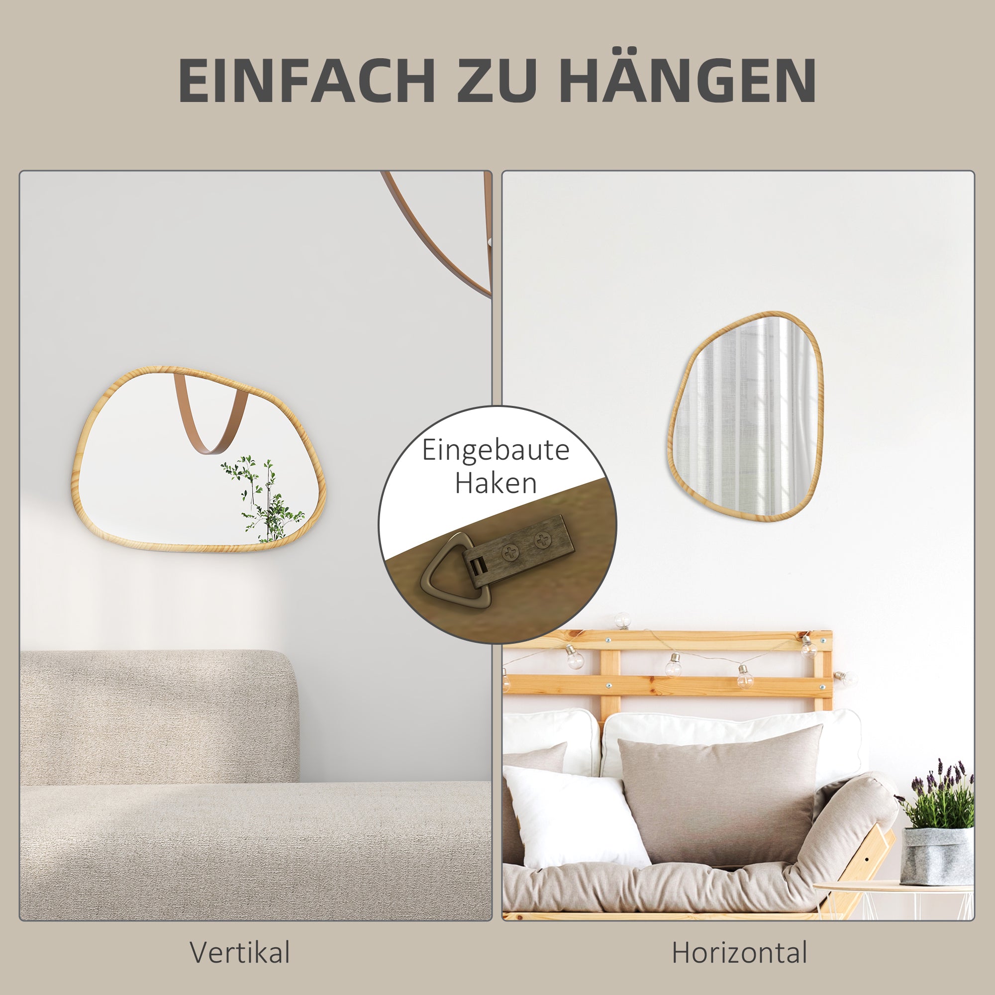 Asymmetric Wall Mirror, 70 x 50 cm Bathroom Mirror with Wooden Frame, Decorative Mirror for Bathroom, Living Room, Hallway, Bedroom, Natural