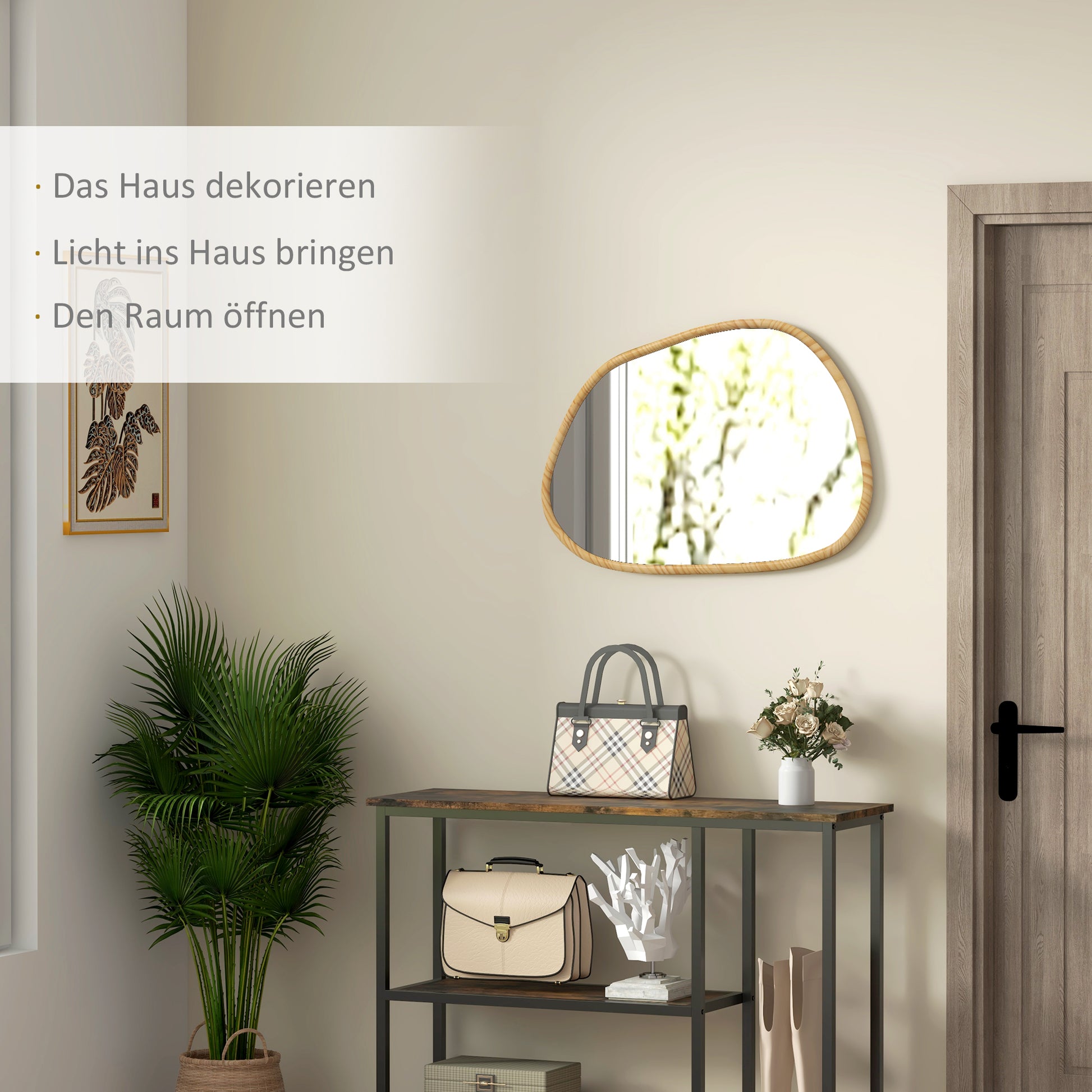 Asymmetric Wall Mirror, 70 x 50 cm Bathroom Mirror with Wooden Frame, Decorative Mirror for Bathroom, Living Room, Hallway, Bedroom, Natural