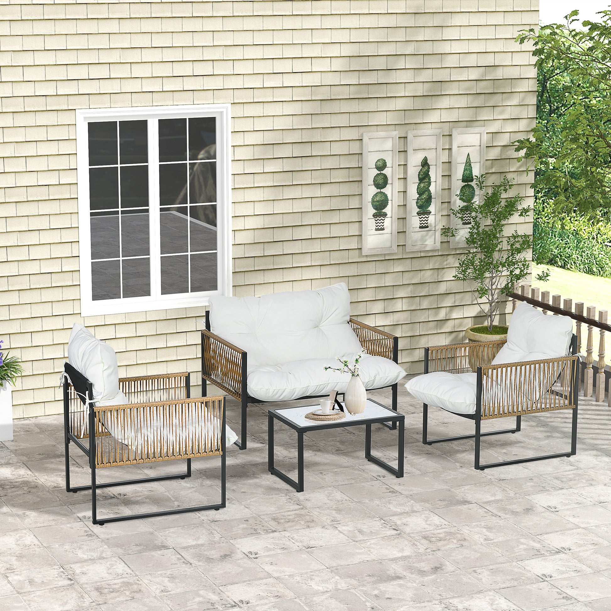 Outdoor Rattan Garden Furniture Set 4-Piece Patio Terrace Furniture with 1 Two-Seater Sofa 2 Armchairs Cushions and 1 Glass Top Coffee Table Cream