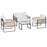 Outdoor Rattan Garden Furniture Set 4-Piece Patio Terrace Furniture with 1 Two-Seater Sofa 2 Armchairs Cushions and 1 Glass Top Coffee Table Cream