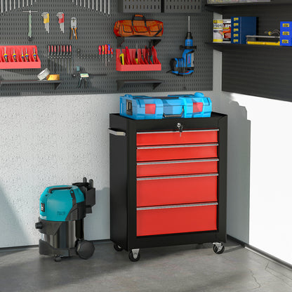 5-Drawer Steel Workshop Trolley – Lockable Mobile Tool Cart with EVA Drawer Liners, Red & Black