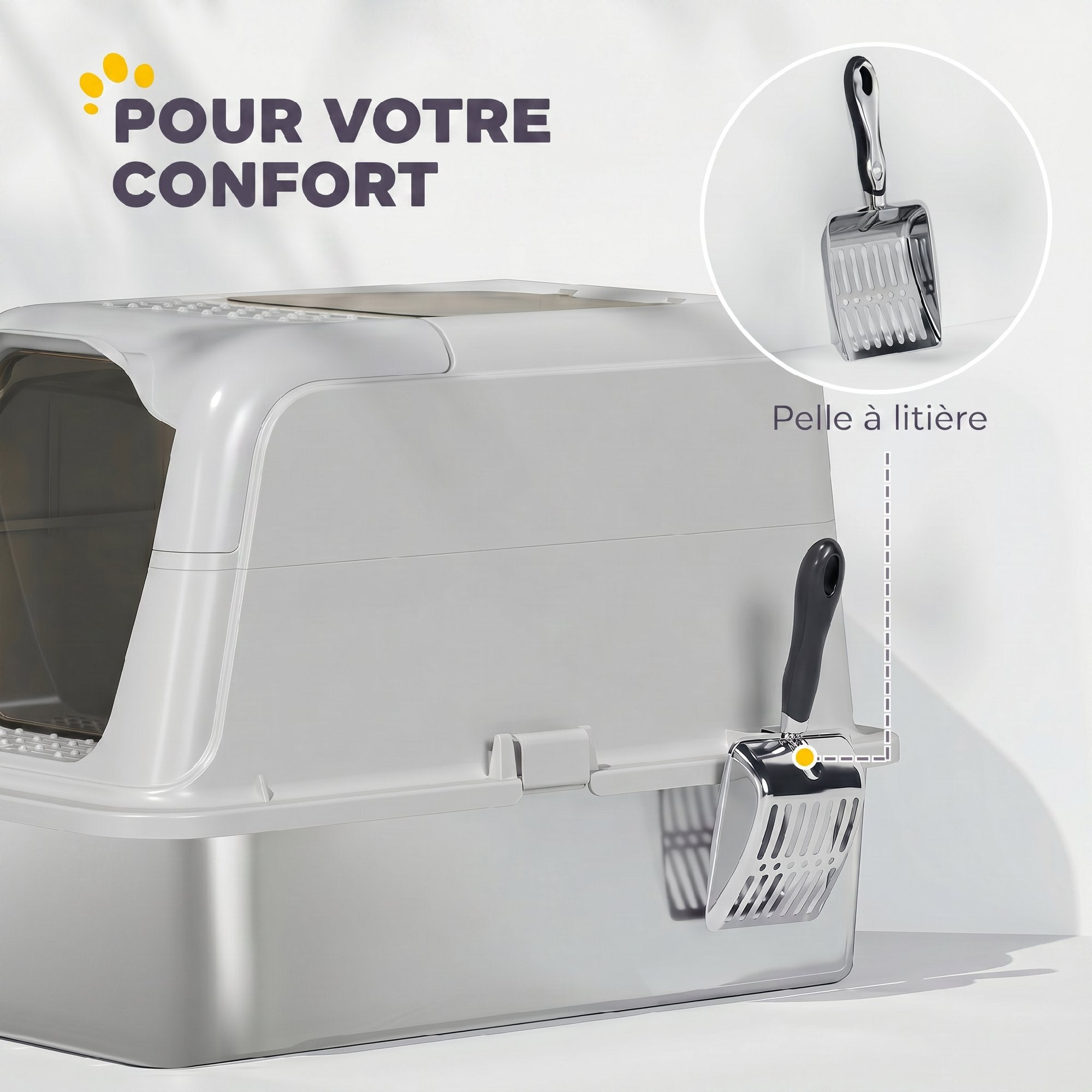 Covered Cat Litter Box with Stainless Steel Tray — Anti-Tracking, Leak-Resistant, Easy-Clean; For Large Cats up to 8 kg (17.6 lb), 60.4 x 40.4 x 41.8 cm (23.8 x 15.9 x 16.5 in), Light Gray & Black
