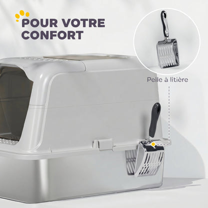 Covered Cat Litter Box with Stainless Steel Tray — Anti-Tracking, Leak-Resistant, Easy-Clean; For Large Cats up to 8 kg (17.6 lb), 60.4 x 40.4 x 41.8 cm (23.8 x 15.9 x 16.5 in), Light Gray & Black