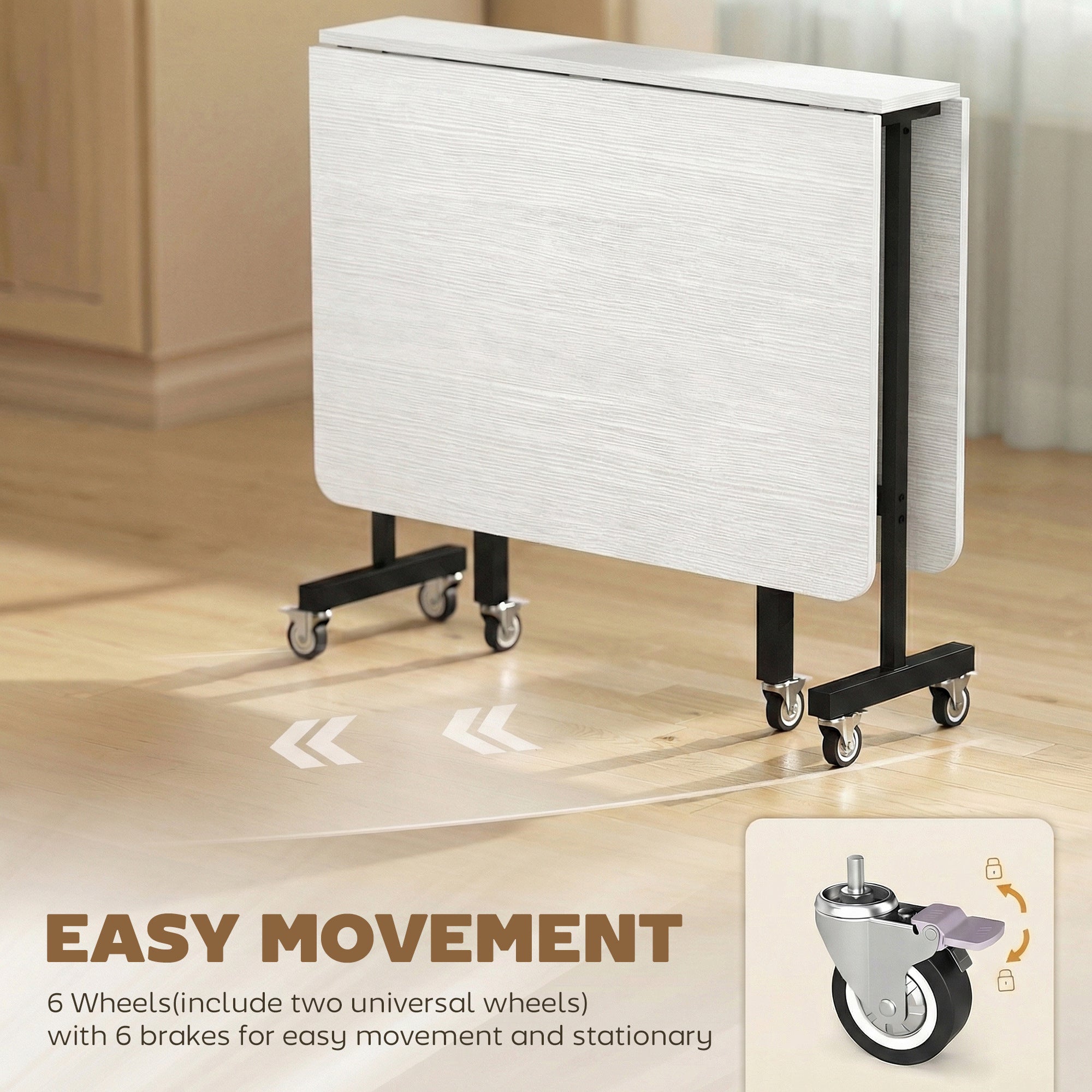 Folding Dining Table for 4–6 with Wheels, Steel Legs — Space-Saving Mobile Table for Small Kitchens, 47.2" x 31.5" x 28.7", White