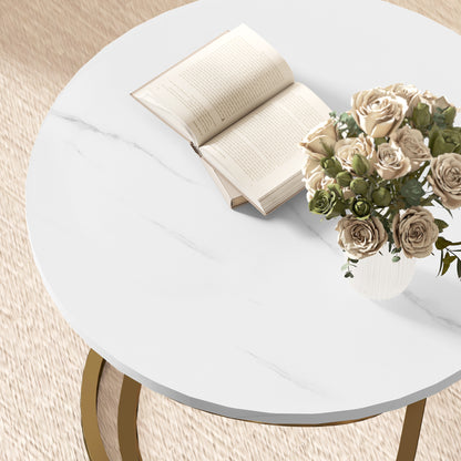 Round Coffee Table — Industrial Style Gold Metal Base with Marble-Effect Top, Ø 60 × 46 cm (Ø 23.6 × 18.1 in)