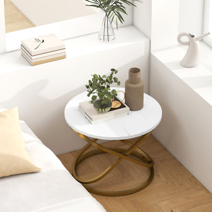 Round Coffee Table — Industrial Style Gold Metal Base with Marble-Effect Top, Ø 60 × 46 cm (Ø 23.6 × 18.1 in)