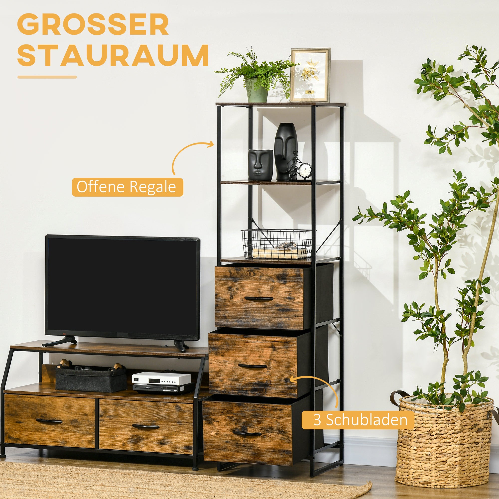 Fabric Drawer Storage Cabinet with 3 Drawers, Shelf Cabinet with Steel Frame for Bedroom, Living Room Rustic Brown