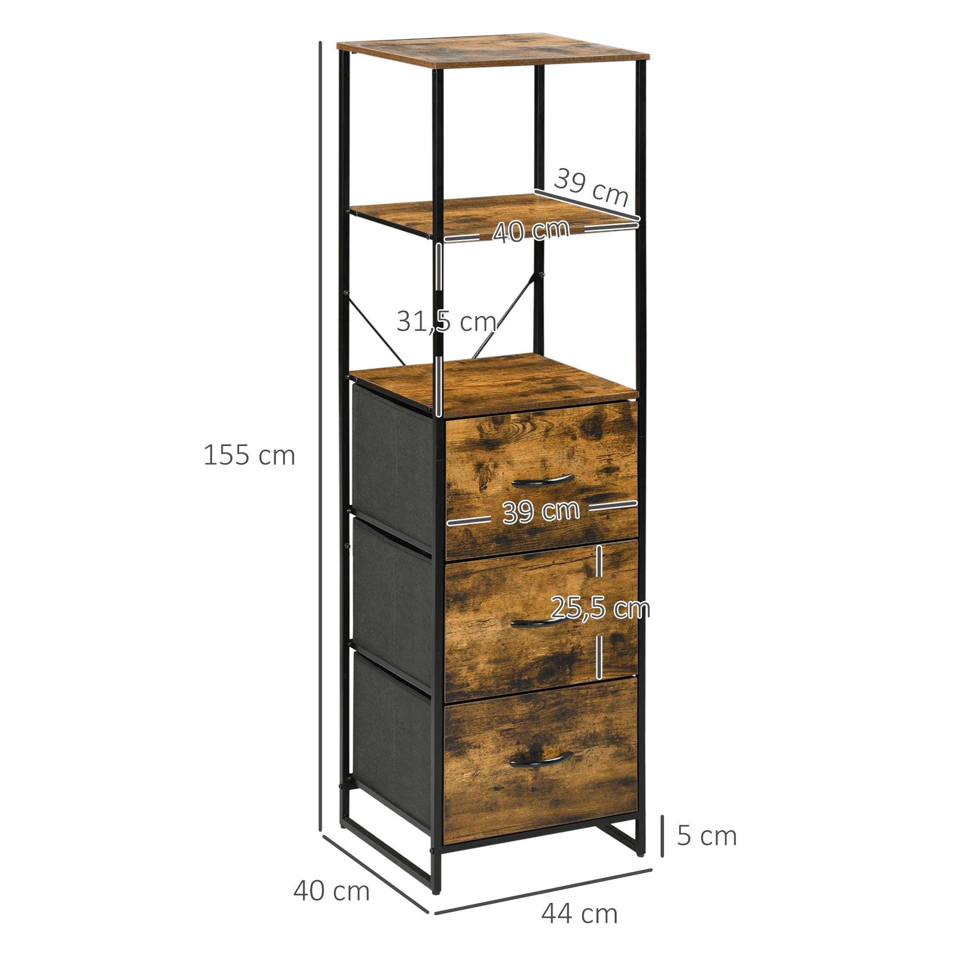 Fabric Drawer Storage Cabinet with 3 Drawers, Shelf Cabinet with Steel Frame for Bedroom, Living Room Rustic Brown