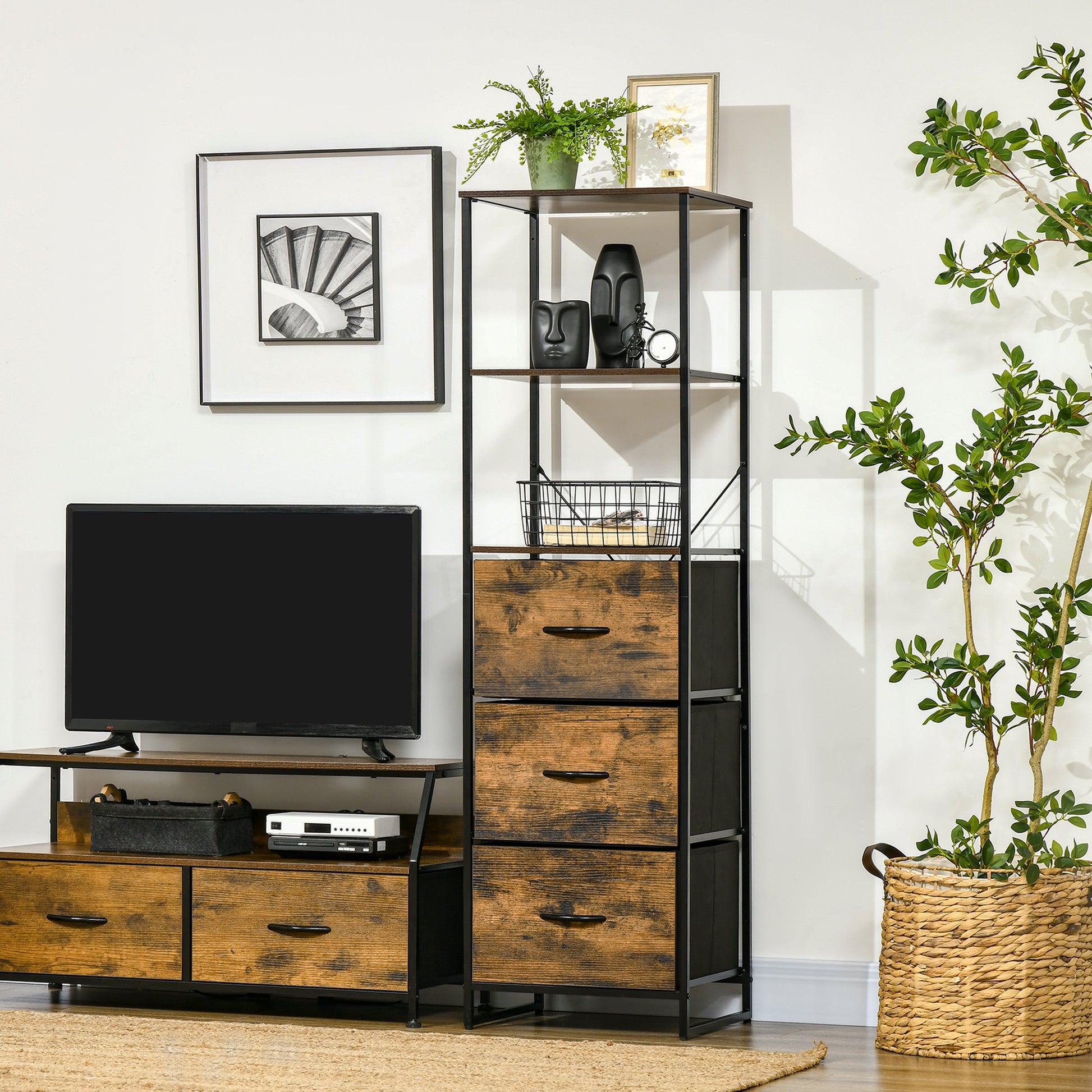 Fabric Drawer Storage Cabinet with 3 Drawers, Shelf Cabinet with Steel Frame for Bedroom, Living Room Rustic Brown