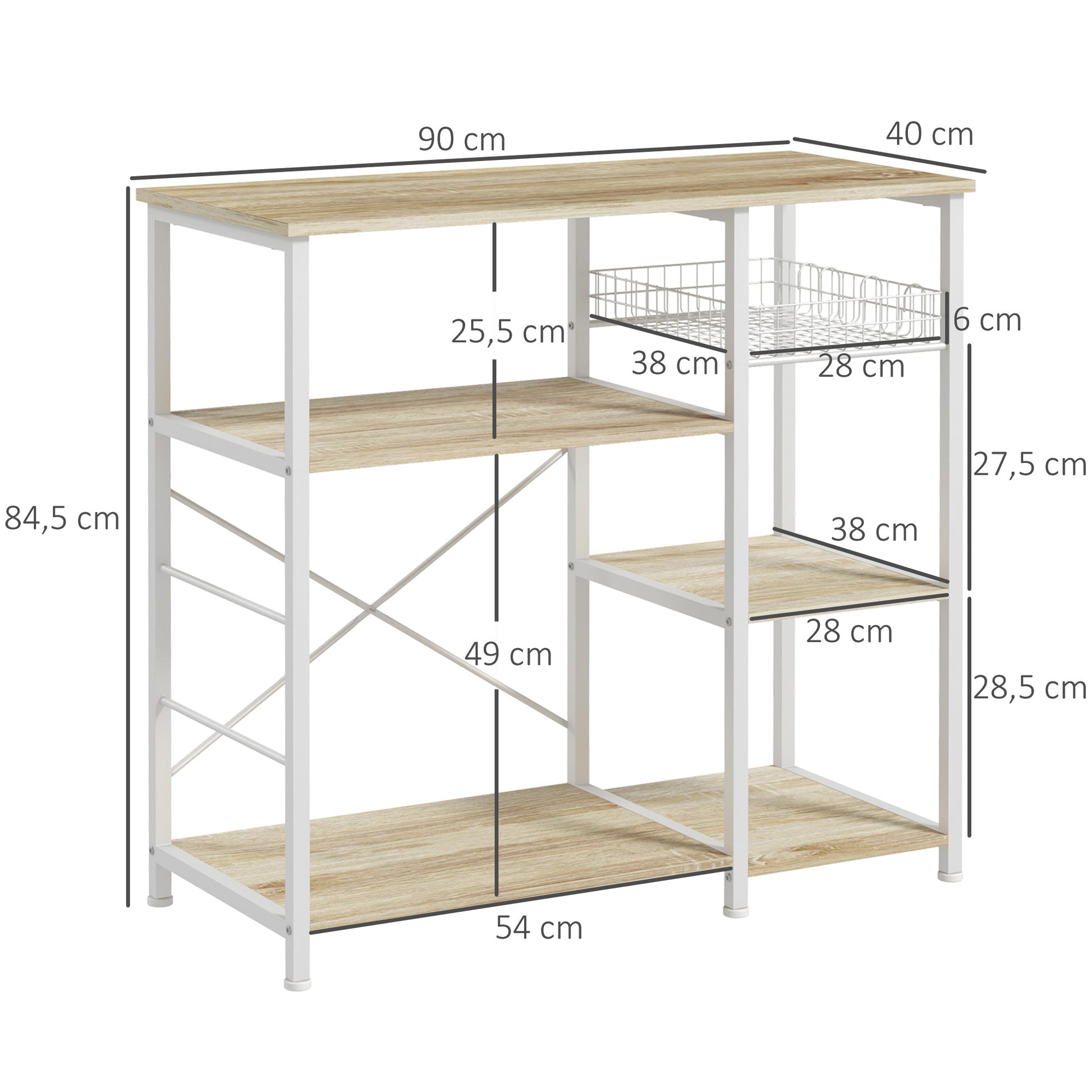 Modern Kitchen Shelf Kitchen Rack with 1 Basket, 4 Hooks in S Shape, 6 Adjustable Foot Pads and Shelves 90x40x84.5 cm Oak and White