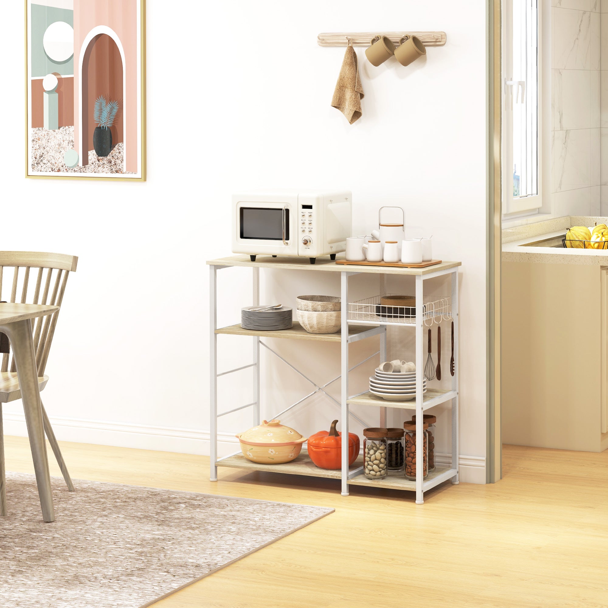 Modern Kitchen Shelf Kitchen Rack with 1 Basket, 4 Hooks in S Shape, 6 Adjustable Foot Pads and Shelves 90x40x84.5 cm Oak and White