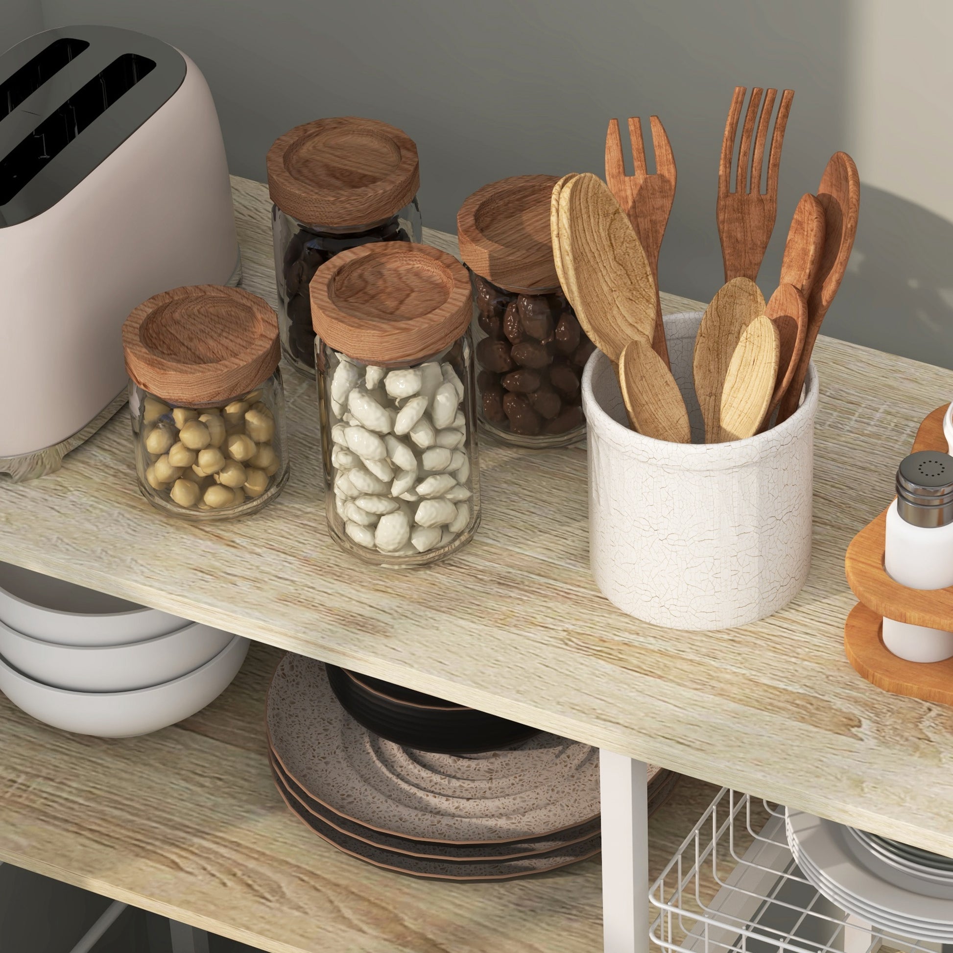 Modern Kitchen Shelf Kitchen Rack with 1 Basket, 4 Hooks in S Shape, 6 Adjustable Foot Pads and Shelves 90x40x84.5 cm Oak and White