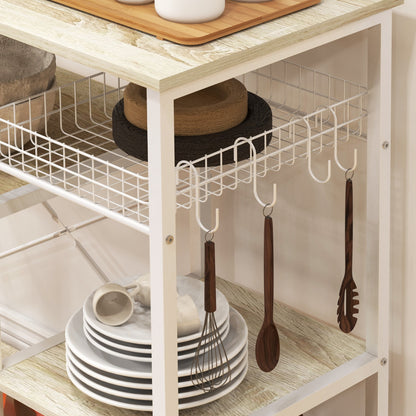 Modern Kitchen Shelf Kitchen Rack with 1 Basket, 4 Hooks in S Shape, 6 Adjustable Foot Pads and Shelves 90x40x84.5 cm Oak and White