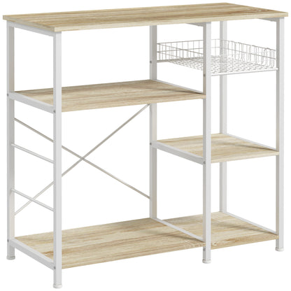 Modern Kitchen Shelf Kitchen Rack with 1 Basket, 4 Hooks in S Shape, 6 Adjustable Foot Pads and Shelves 90x40x84.5 cm Oak and White