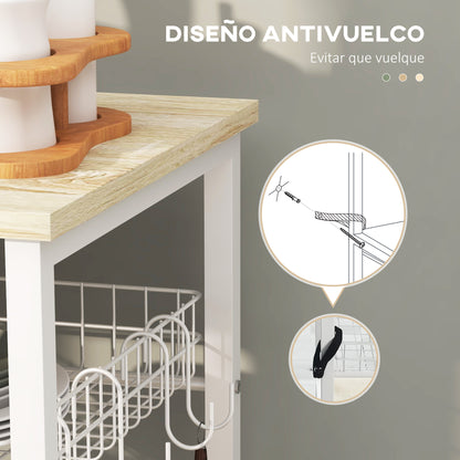 Modern Kitchen Shelf Kitchen Rack with 1 Basket, 4 Hooks in S Shape, 6 Adjustable Foot Pads and Shelves 90x40x84.5 cm Oak and White