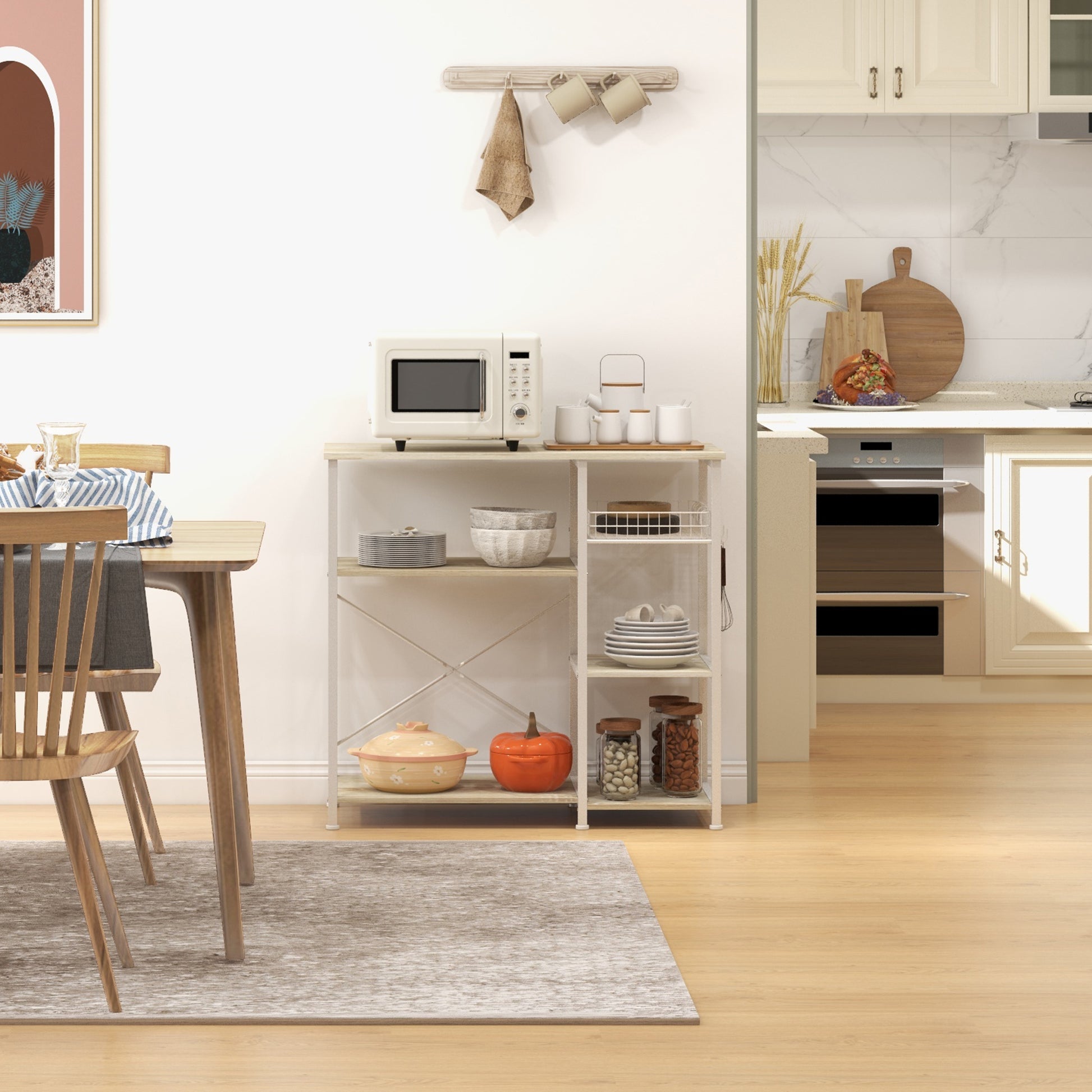 Modern Kitchen Shelf Kitchen Rack with 1 Basket, 4 Hooks in S Shape, 6 Adjustable Foot Pads and Shelves 90x40x84.5 cm Oak and White
