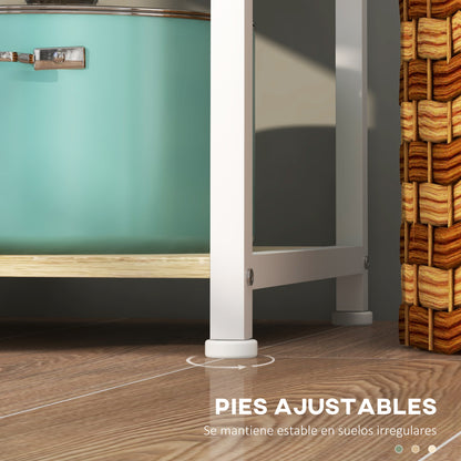 Modern Kitchen Shelf Kitchen Rack with 1 Basket, 4 Hooks in S Shape, 6 Adjustable Foot Pads and Shelves 90x40x84.5 cm Oak and White