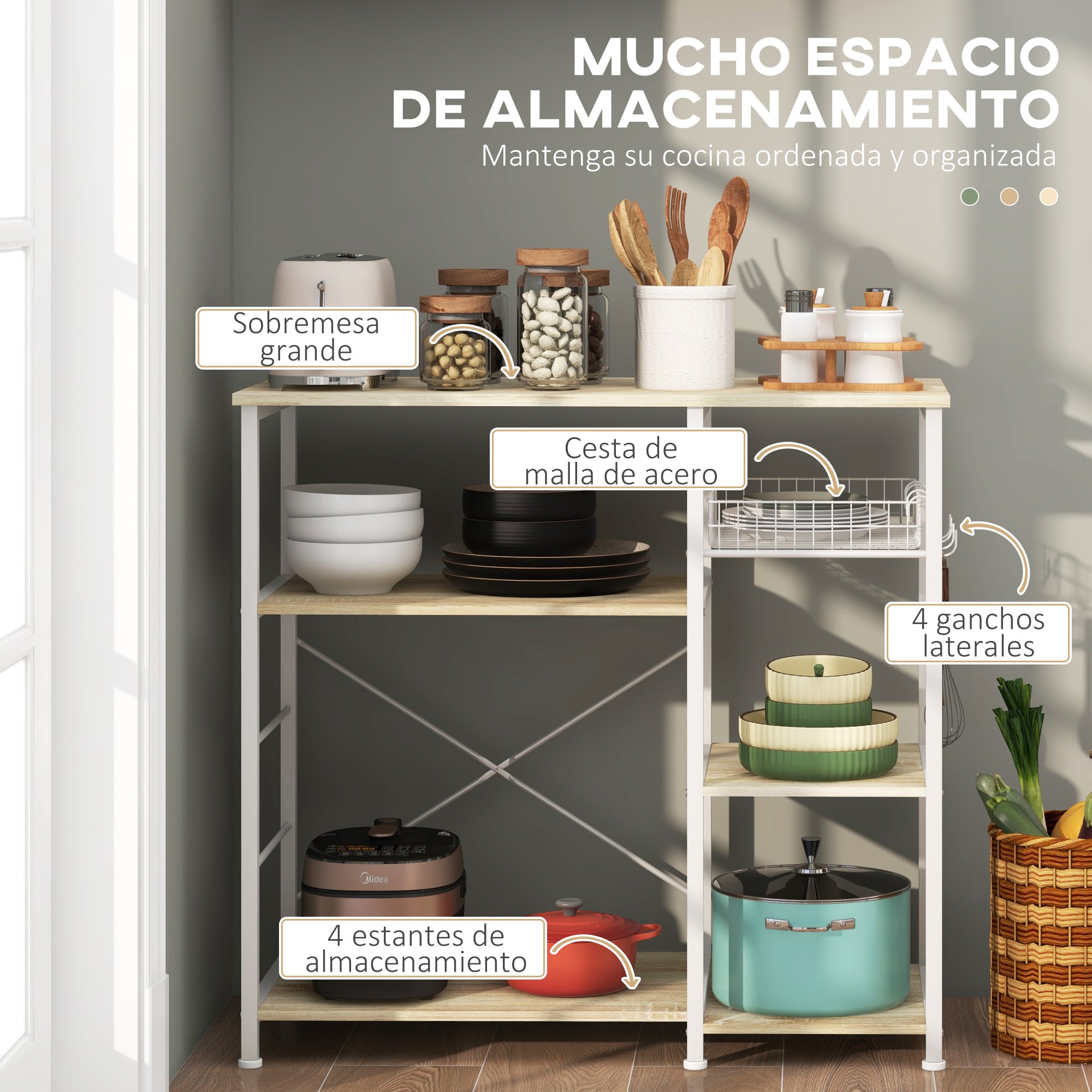 Modern Kitchen Shelf Kitchen Rack with 1 Basket, 4 Hooks in S Shape, 6 Adjustable Foot Pads and Shelves 90x40x84.5 cm Oak and White
