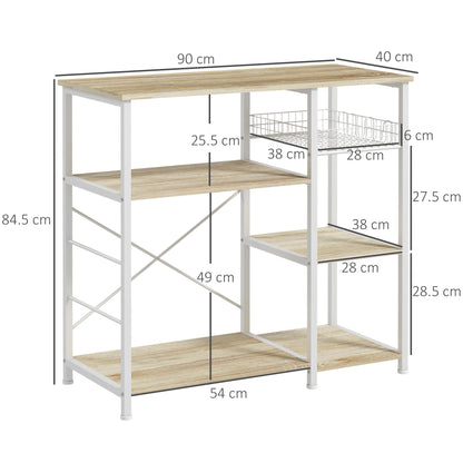 Modern Kitchen Shelf Kitchen Rack with 1 Basket, 4 Hooks in S Shape, 6 Adjustable Foot Pads and Shelves 90x40x84.5 cm Oak and White
