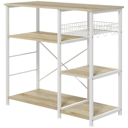 Modern Kitchen Shelf Kitchen Rack with 1 Basket, 4 Hooks in S Shape, 6 Adjustable Foot Pads and Shelves 90x40x84.5 cm Oak and White
