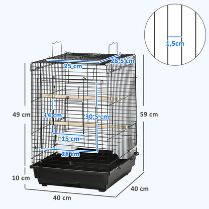 Bird Cage Metal Bird Cage 40x40x59 cm with Flip Top 2 Perches 2 Feeders and Removable Tray for Canaries Budgies Black