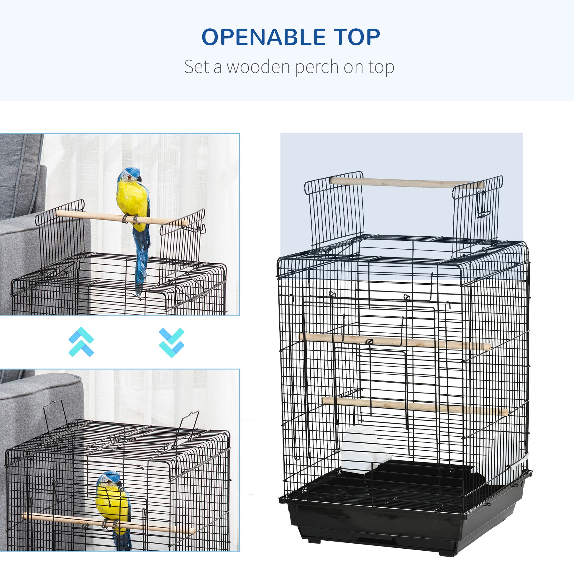 Bird Cage Metal Bird Cage 40x40x59 cm with Flip Top 2 Perches 2 Feeders and Removable Tray for Canaries Budgies Black
