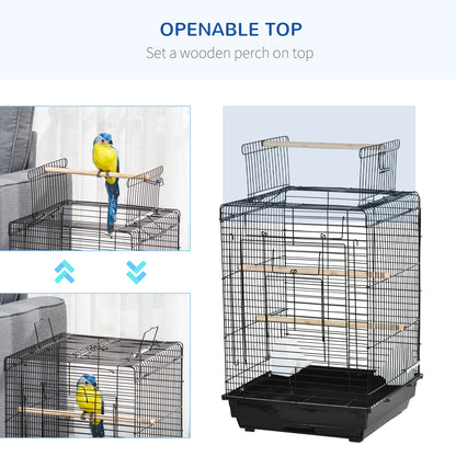 Bird Cage Metal Bird Cage 40x40x59 cm with Flip Top 2 Perches 2 Feeders and Removable Tray for Canaries Budgies Black