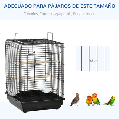 Bird Cage Metal Bird Cage 40x40x59 cm with Flip Top 2 Perches 2 Feeders and Removable Tray for Canaries Budgies Black