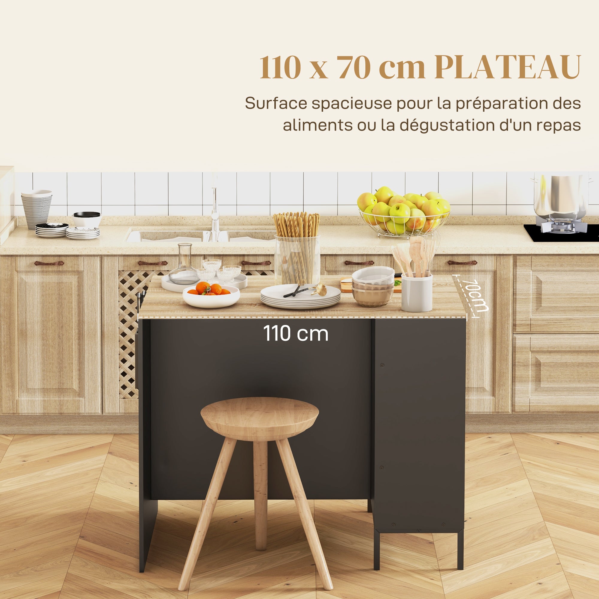 Black Kitchen Island Cart Storage Cabinet with Side Knife Holder, 2 Open Shelves, 1 Cupboard with Sliding Doors, 114.5L x 70W x 90H cm