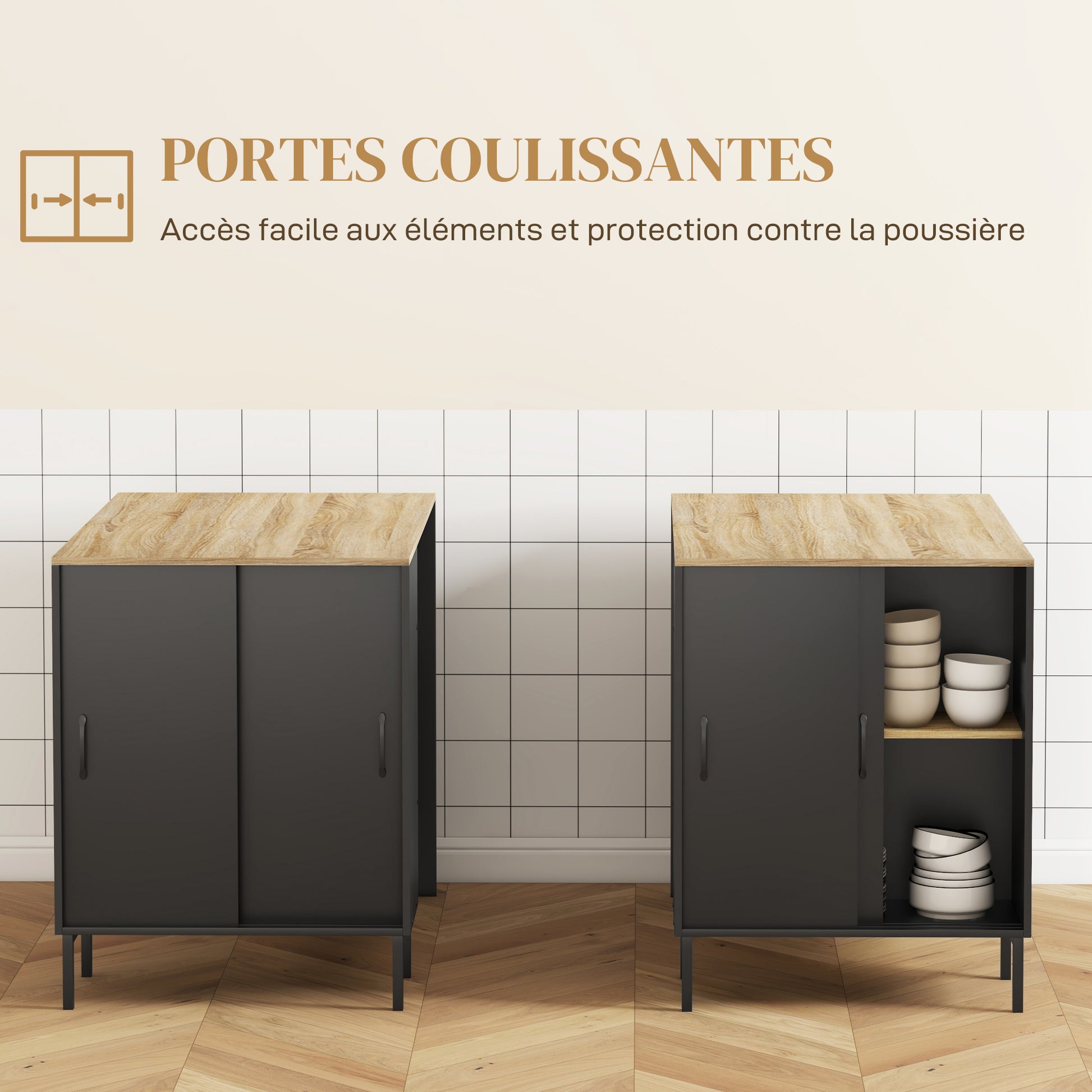 Black Kitchen Island Cart Storage Cabinet with Side Knife Holder, 2 Open Shelves, 1 Cupboard with Sliding Doors, 114.5L x 70W x 90H cm