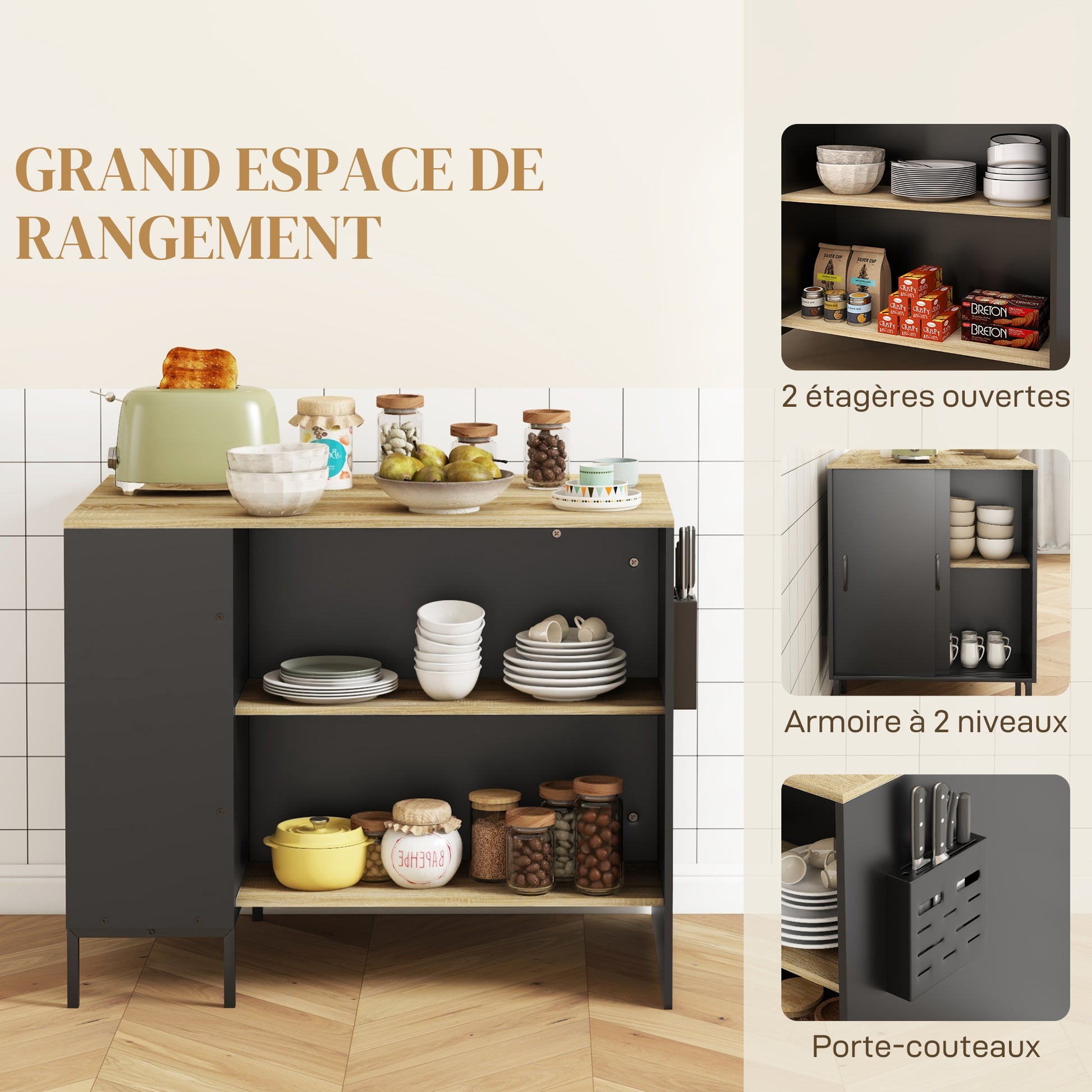 Black Kitchen Island Cart Storage Cabinet with Side Knife Holder, 2 Open Shelves, 1 Cupboard with Sliding Doors, 114.5L x 70W x 90H cm